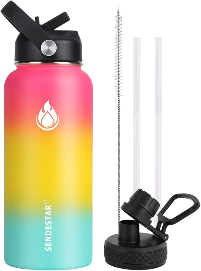 Insulated Water Bottle 32 oz with Straw, Stainless Steel Wide Mouth Water Bottle, Double Wall Vacuum Leak Proof with Straw Lid & Spout Lid for Sports or Office, Keep Cold or Hot Up to 24 Hrs