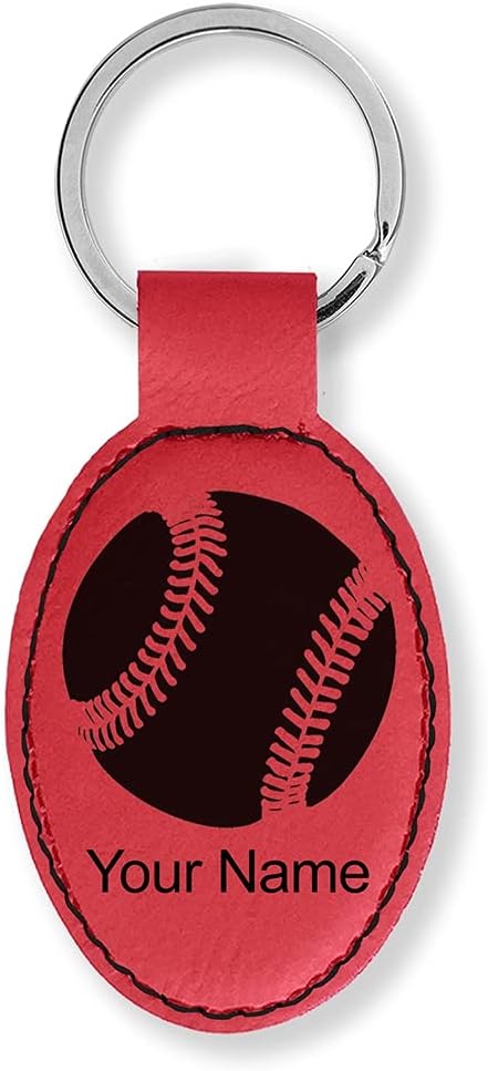LaserGram Oval Keychain, Baseball Ball, Personalized Engraving Included (Red)
