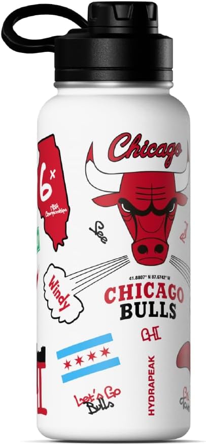 Hydrapeak x NBA Officially Licensed Chicago Bulls 32oz Active Water Bottle Chug Lid Stainless Steel Reusable Double Wall Celebrating The City Of Chicago