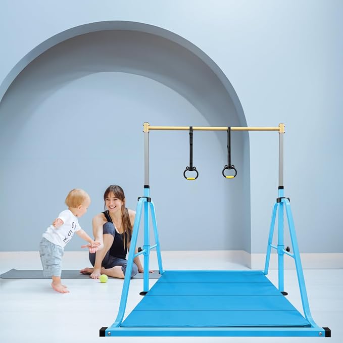 Foldable Gymnastics Kip Bar with Mat and Ring Set,3' to 5' Height Adjustable,Kids Gymnastic Equipment for Ages 3-15,Indoor and Home Training- Max Load 350LBS