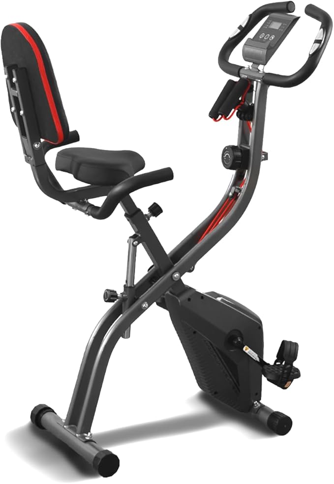 Exercise Bike, 4 IN 1 Stationary Bike, Foldable Folding Exercise Bike with 10-Level Magentic Resistance, Support Back Pad and Phone/Tablet Holder, Arm Resistance Band, Pulse Sensor, LCD Monitor for Home Workout 265LB Capacity