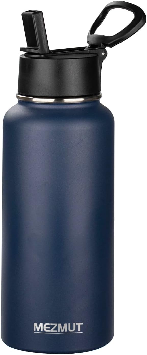 MEZMUT Insulated Water Bottle with Straw 32 oz Metal Water Bottle Leakproof Travel Stainless Steel Water Bottles Reusable Double Wall Gym Sports Cup Flask for Camping Hiking, Navy