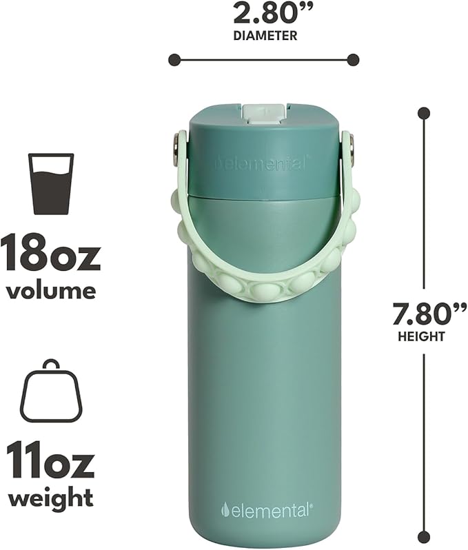 Elemental Insulated Kids Water Bottle, Stainless Steel Water Bottle with Straw Lid & Pop-It Handle, Leak-Proof Water Bottles for School, Boys or Girls, Travelling and Sports, 18oz - Sage