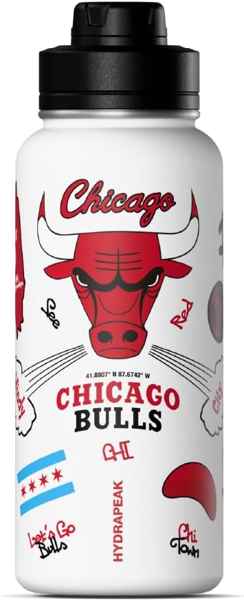 Hydrapeak x NBA Officially Licensed Chicago Bulls 32oz Active Water Bottle Chug Lid Stainless Steel Reusable Double Wall Celebrating The City Of Chicago