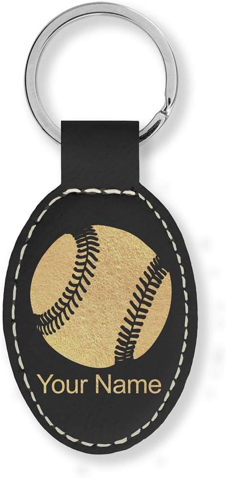 LaserGram Oval Keychain, Baseball Ball, Personalized Engraving Included (Black with Gold)