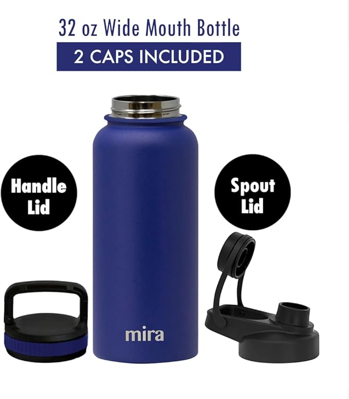 MIRA 32 oz Insulated Sports Bottle - Stainless Steel Temperature Control Thermo - Easy-Drink Spout (24Hr Cold/12Hr Hot) - Blue
