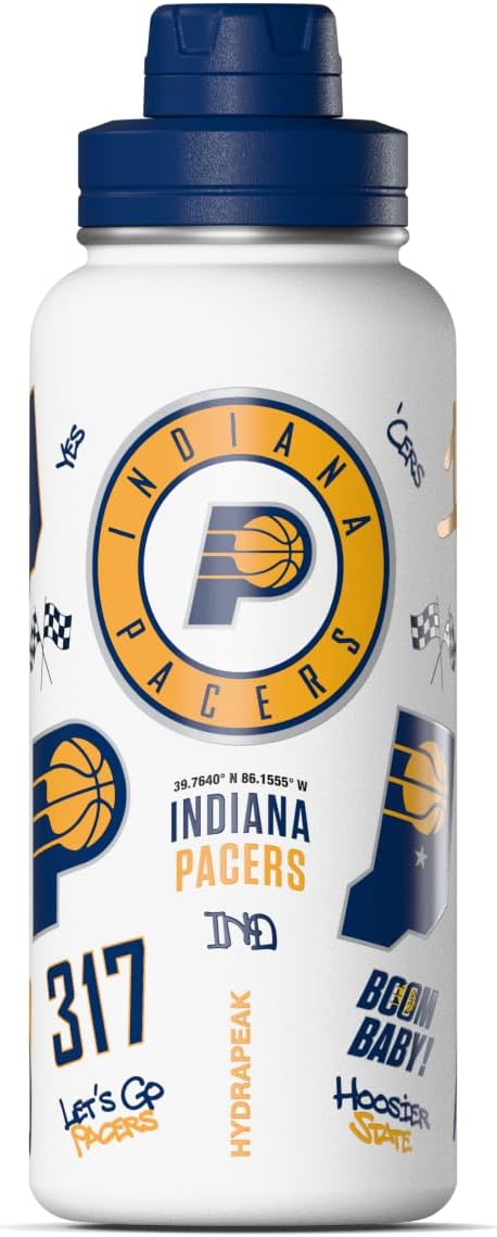 Hydrapeak x NBA Officially Licensed Indiana Pacers 32 oz Active Water Bottle with Chug Lid Reusable Stainless Steel Double Wall Insulated Sports Gift, Celebrating The City Of Indiana