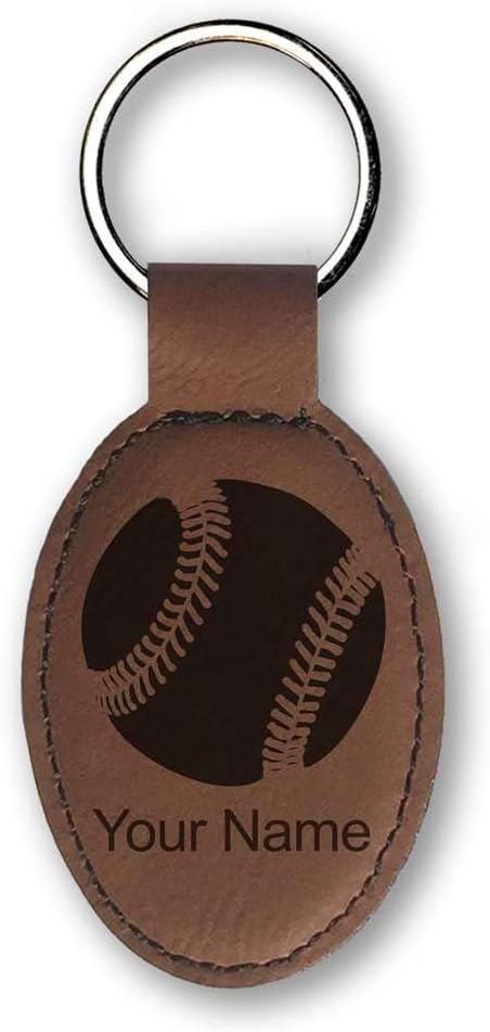LaserGram Oval Keychain, Baseball Ball, Personalized Engraving Included (Dark Brown)