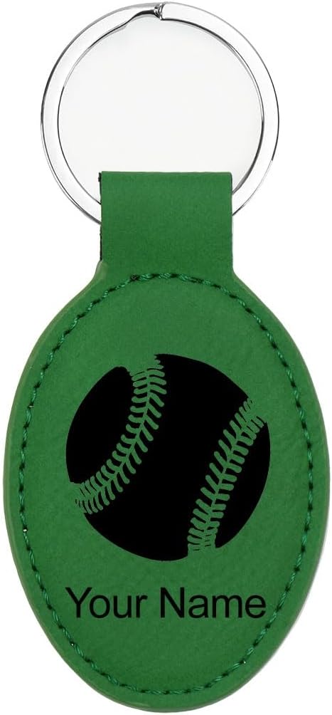 LaserGram Oval Keychain, Baseball Ball, Personalized Engraving Included (Green)