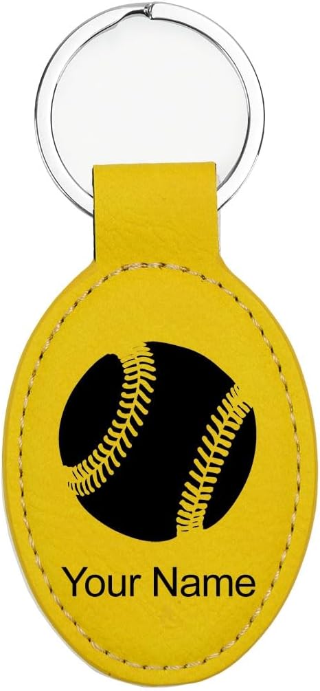 LaserGram Oval Keychain, Baseball Ball, Personalized Engraving Included (Yellow)