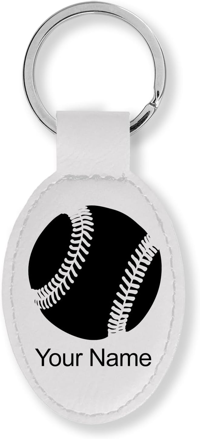 LaserGram Oval Keychain, Baseball Ball, Personalized Engraving Included (White)