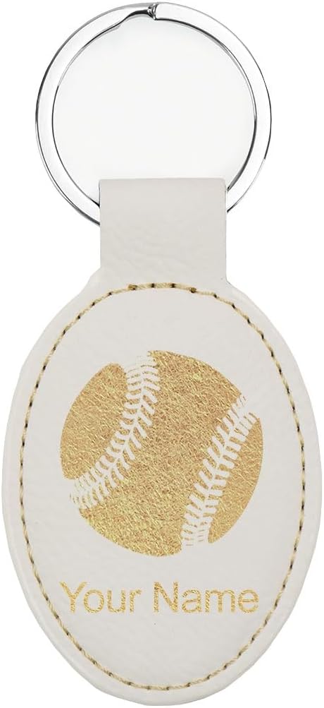 LaserGram Oval Keychain, Baseball Ball, Personalized Engraving Included (White with Gold)