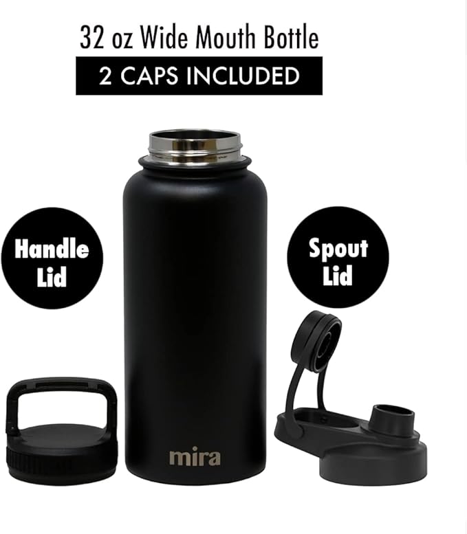 MIRA 32 oz Insulated Sports Bottle - Stainless Steel Temperature Control Thermo - Easy-Drink Spout (24Hr Cold/12Hr Hot) - Black