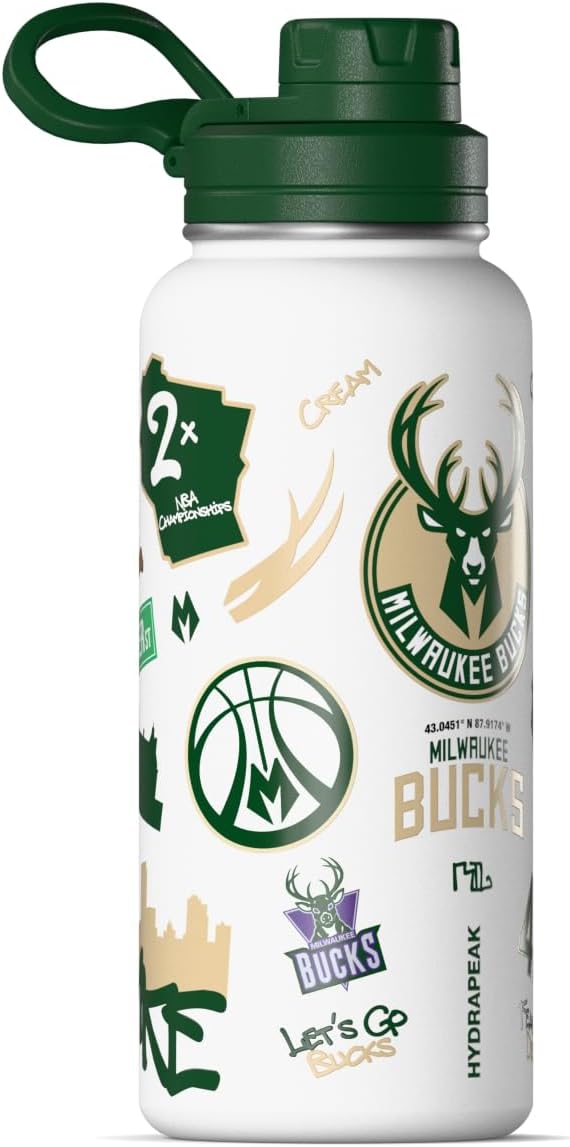 Hydrapeak x NBA Officially Licensed Milwaukee Bucks 32 oz Active Water Bottle with Chug Lid Reusable Stainless Steel Double Wall Insulated Sports Gift, Celebrating The City Of Milwaukee