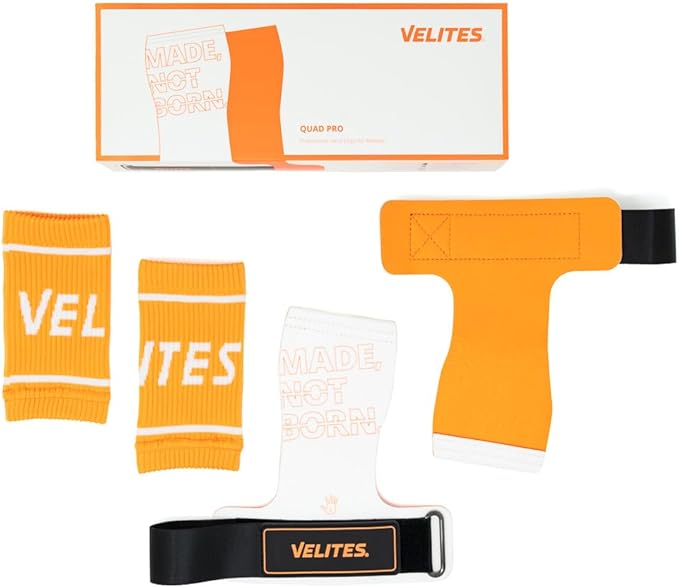Velites I Quad Pro Handgrips I Professional Cross Training Gloves or Gymnastics I All Surface I Use with Magnesium I Includes Free Bands
