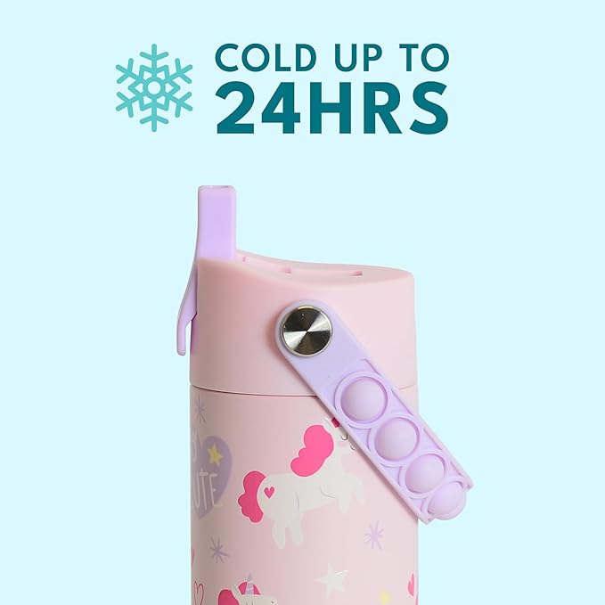 Elemental 100% Leak Proof When Spout is Closed Insulated Kids Water Bottle, Stainless Steel Bottle for School with Straw Lid & Pop-It Handle, Unicorn Rainbow & Unicorn Magic - 18oz (2 Pack)