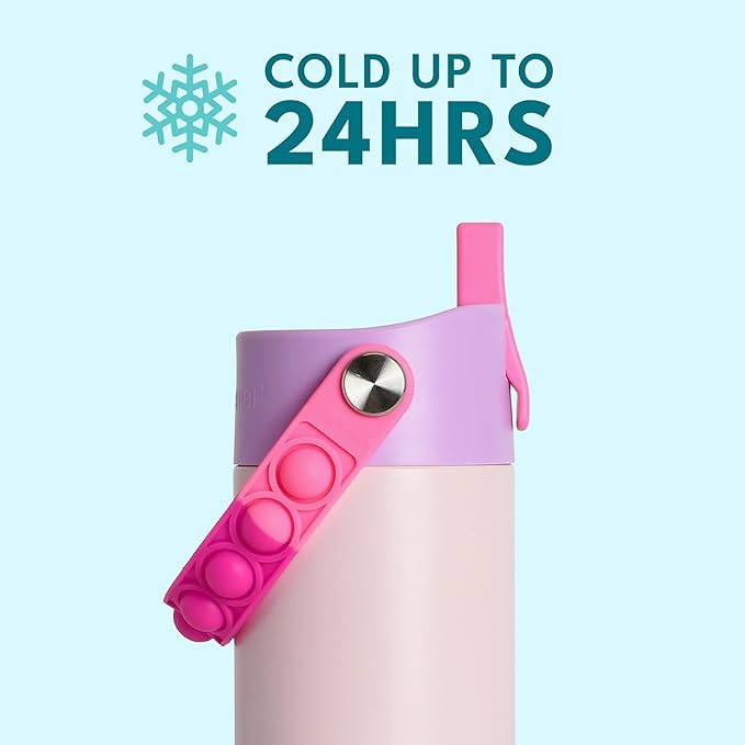 Elemental 100% Leak Proof When Spout is Closed Insulated Kids Water Bottle, Stainless Steel Bottle for School with Straw Lid & Pop-It Handle, Pink Tie Dye & Unicorn Rainbow -18oz (2 Pack)