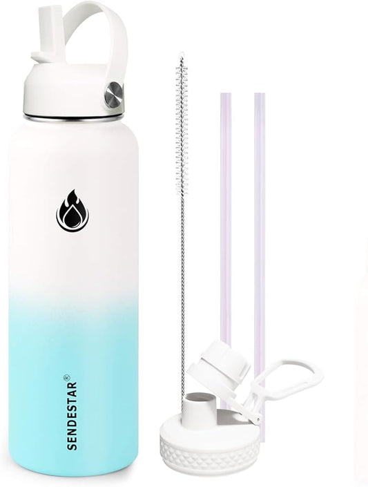 SENDESTAR Water Bottle 40oz Double Wall Vacuum Insulated Leak Proof Stainless Steel Sports Water Bottle—Wide Mouth with New Flex Straw Lid & Spout Lid (White&Tiffany)
