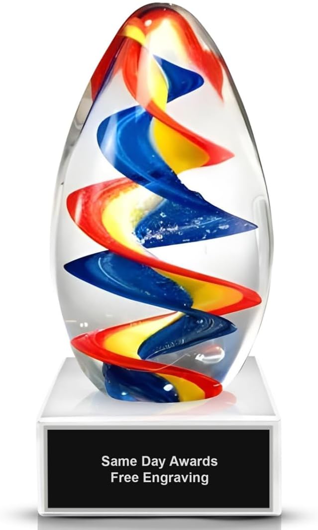 Hand-Blown Art Glass Award – Custom Engraved Elegant Award for Corporate, Sports Retirement Volunteer Recognition Leadership Personal Milestones Employee Gifts