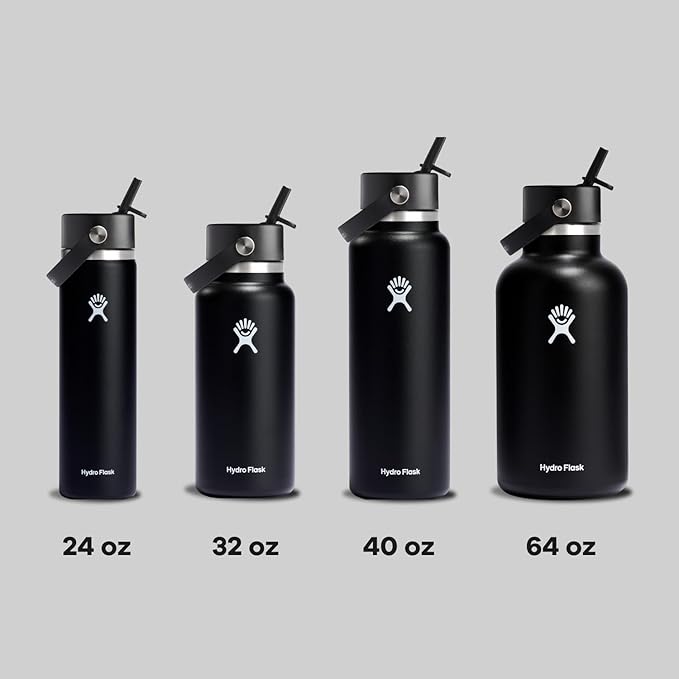 Hydro Flask Water Bottle - Insulated Stainless Steel - Wide Straw Lid, Non Spill, Leakproof in 32 Oz Black
