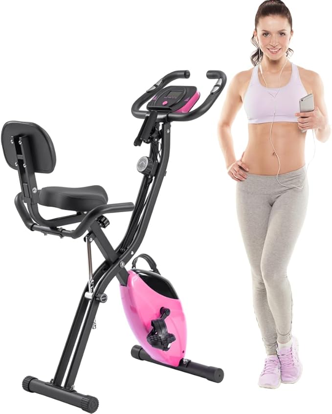 Foldable Exercise Bike with Magnetic Resistance, LCD Display and Arm Bands - Adjustable Upright Recumbent Stationary Fitness Cycling Machine for Home Gym