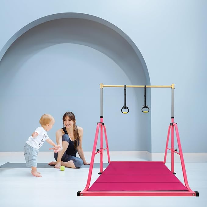 Foldable Gymnastics Kip Bar with Mat and Ring Set,3' to 5' Height Adjustable,Kids Gymnastic Equipment for Ages 3-15,Indoor and Home Training- Max Load 350LBS