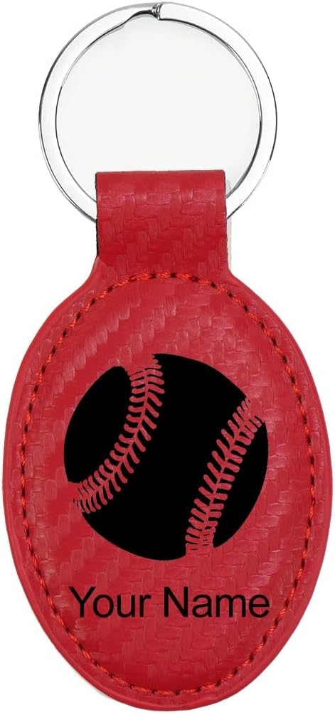 LaserGram Oval Keychain, Baseball Ball, Personalized Engraving Included (Carbon Fiber Red)