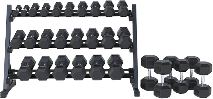 Rubber Hex Dumbbell Set with Rack, 8/10/12/15/20 Pair (450/550/780/1200/1550/2100 lbs total) Weight Rack with Dumbbells for Home Gym & Strength Training