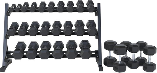 Rubber Hex Dumbbell Set with Rack, 8/10/12/15/20 Pair (450/550/780/1200/1550/2100 lbs total) Weight Rack with Dumbbells for Home Gym & Strength Training