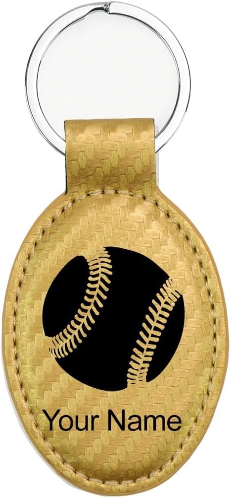 LaserGram Oval Keychain, Baseball Ball, Personalized Engraving Included (Carbon Fiber Gold)