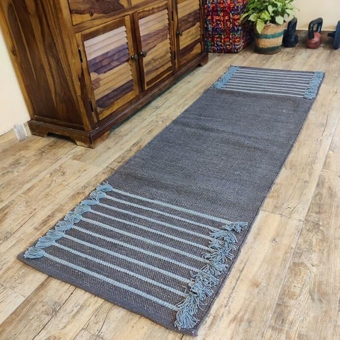 Indian Handmade100 % Organic Anti Skid Multi Colour Cotton Yoga Mat - Eco-Friendly Hand-Woven Rug - Non-Slip & Thick (24”x72”x5mm) for Hot yoga & Everyday Fitness at Home - Comfortable & Foldable Extra-Long Mat