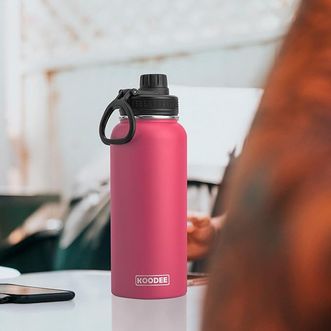 koodee Insulated Water Bottle, 32 oz Stainless Steel Double Wall Vacuum Wide Mouth Sport Bottle with Leakproof Spout Lid （Bby Blue）