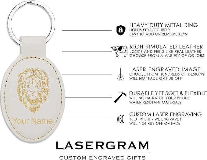 LaserGram Oval Keychain, Quad, Personalized Engraving Included (White with Gold)