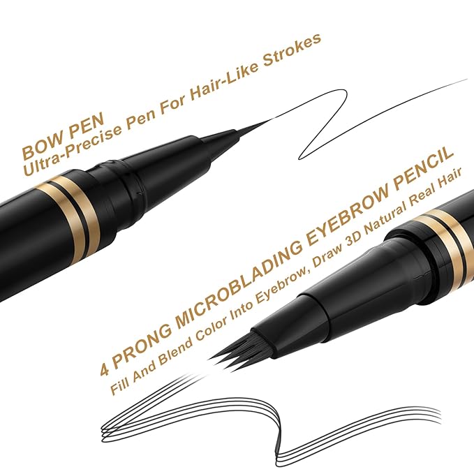 Makeup Kit with 4 Tip Waterproof Microblading Eyebrow Pencil, Eyeliner, Pomade and Dual-ended Eyebrow Brush - Black