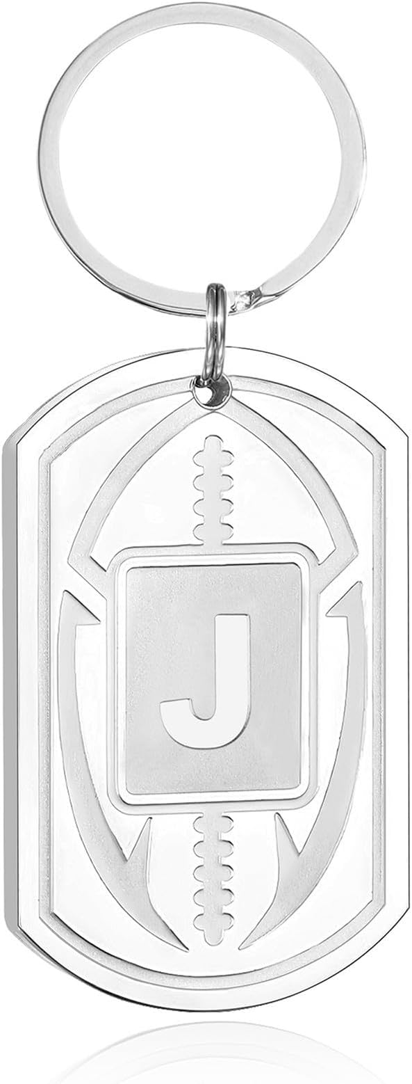 Stocking Stuffers Christmas Gift- Football Initial Keychain Gifts for Men Dog Tag Keychains for Men Him Dad