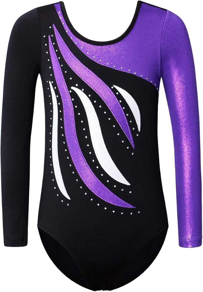 BAOHULU Leotards for Girls Gymnastics Long Sleeve Embroidery Shiny Black Diamond Dance Clothes