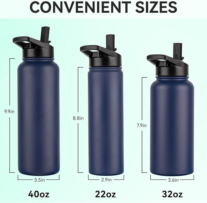 DOMICARE 32 oz Insulated Water Bottle Bulk, Vacuum Insulated Stainless Steel Sports Water Bottle with Straw Lid & Spout Lid, Leakproof, Reusable - Travel, Camping, Bike, Navy Blue (4 Pack)