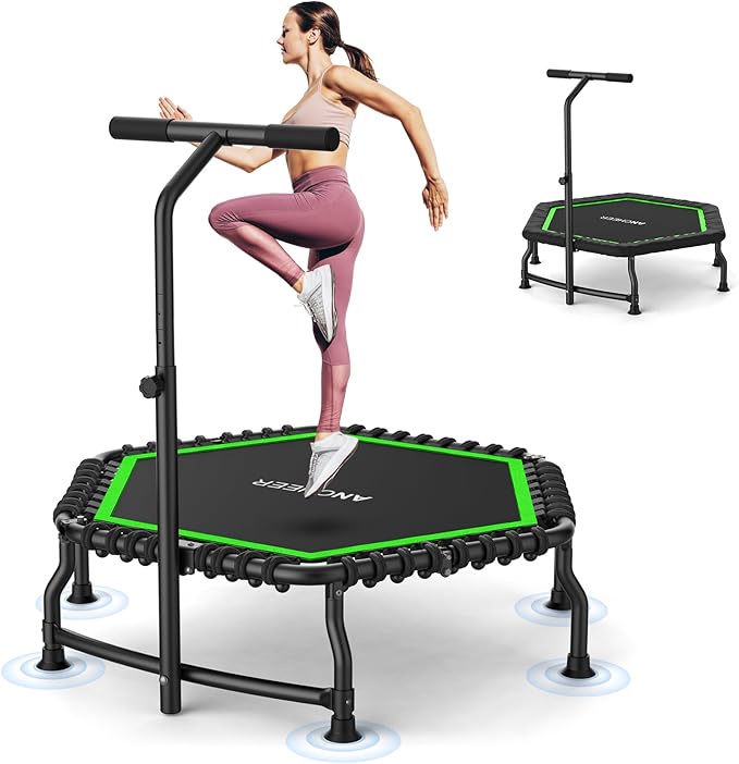 ANCHEER Trampoline, 50'' Rebounder Trampoline for Adult with Bar, Indoor Outdoor Mini Trampoline, 550LBS Fitness Trampoline with Bungee, Jumping Cardio Equipment, Exercise Trampoline at Home Gym