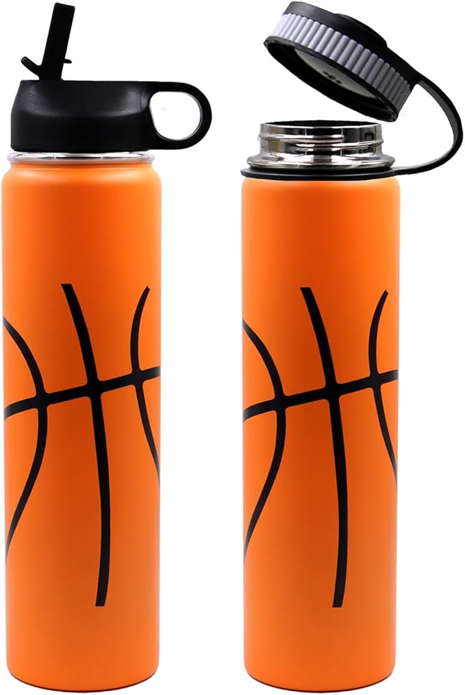 25 oz Basketball Water Bottle, Sports Flask Metal Travel Tumbler with 2 Lids, Stainless Steel Double Wall Vacuum Insulated Thermo Water bottles, Basketball Accessories Stuff Gifts for Mom Boys Girls