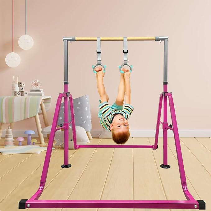 GLANT Gymnastics Bar for Kids with Rings Set, 7 Heights Adjustable Easy Folding Gymnastic Training Bar Kids Monkey Horizontal Bars - Max Load 300LBS