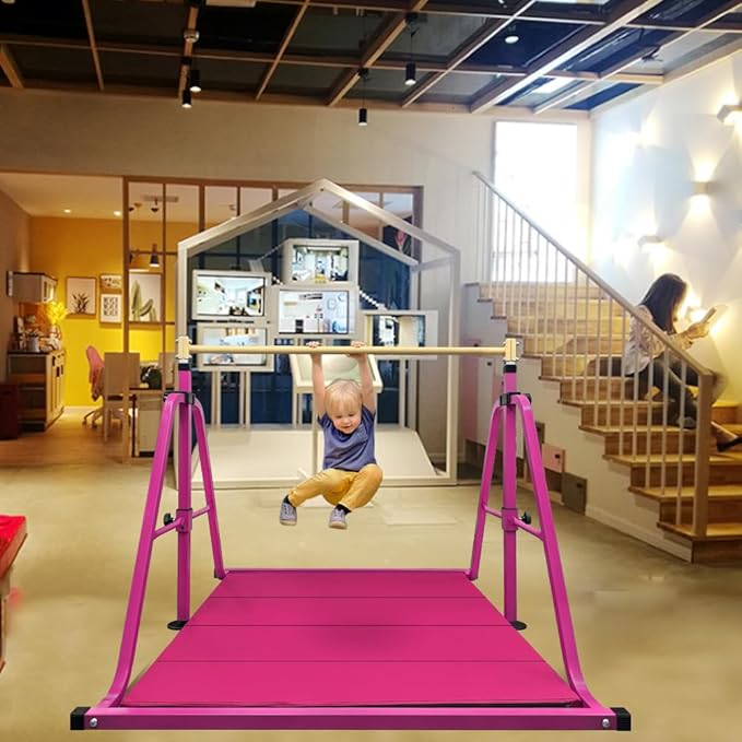 Foldable Gymnastics Kip Bar with Mat and Ring Set,3' to 5' Height Adjustable,Kids Gymnastic Equipment for Ages 3-15,Indoor and Home Training- Max Load 350LBS