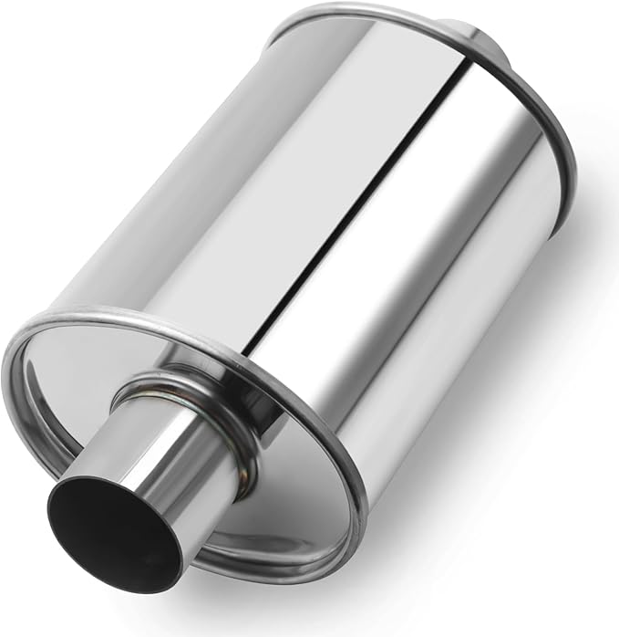 LCGP 2.25” Ultra Quiet Resonator, 2.25'' Inlet & Outlet 14" Overall Length Universal Muffler, 304 Stainless Steel vibrant performance resonator 2.25", Oval Muffler Shape, Silver