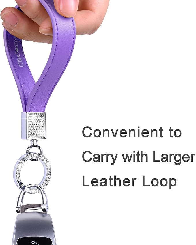 Wisdompro Genuine Leather Car Keychain, Bling Key FOB Holder Leather Loop Keychains for Women Girls with Crystal Rhinestones and 2 Keyrings - Purple