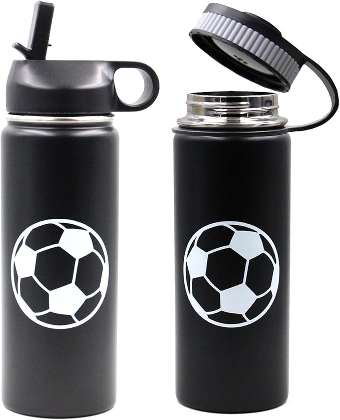 18 oz Soccer Water Bottle with Straw, Sports Flask Metal Travel Tumbler with 2 Lids, BPA Free Stainless Steel Double Wall Vacuum Insulated Leak Proof Thermo Water Bottles, Soccer Gifts for Boys Girls