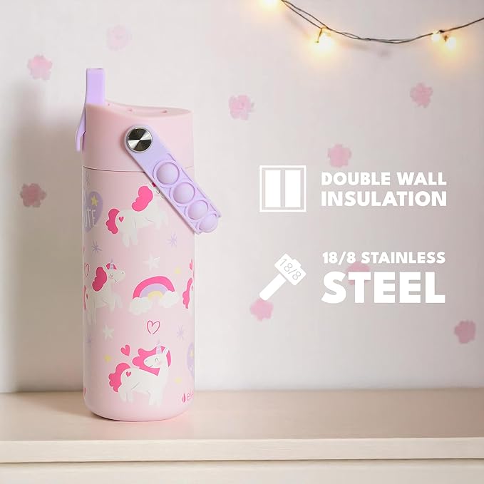 Elemental 100% Leak Proof When Spout is Closed Insulated Kids Water Bottle, Stainless Steel Bottle for School with Straw Lid & Pop-It Handle, Unicorn Magic & Meowmaid - 18oz (2 Pack)