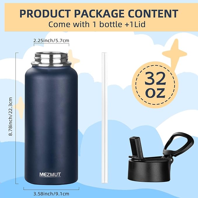 MEZMUT Insulated Water Bottle with Straw 32 oz Metal Water Bottle Leakproof Travel Stainless Steel Water Bottles Reusable Double Wall Gym Sports Cup Flask for Camping Hiking, Navy
