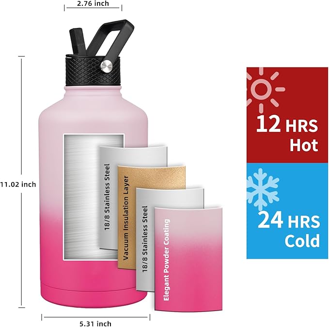 Insulated Water Bottle 87oz,Triple Wall Vacuum Stainless Steel(Dishwasher Safe),Leak Proof & Non-BPA,Flask Jug with Paracord Handle & Straw Spout Lids Sports Sakura