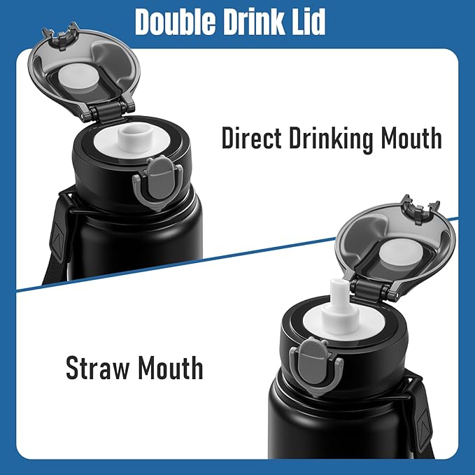 1L/33oz Insulated Water Bottle with Straw Stainless Steel Food Material Big Water Bottle Food Grade Waterbottle for Adults-Gradient Black For Sports,Travel,Hiking,Camping,Office