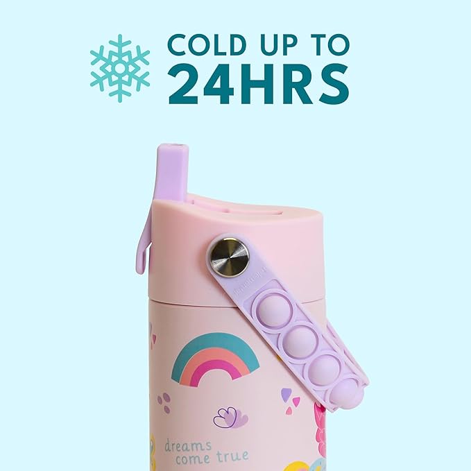 Elemental 100% Leak Proof When Spout is Closed Insulated Kids Water Bottle, Stainless Steel Bottle for School with Straw Lid & Pop-It Handle, Pink Tie Dye & Unicorn Rainbow -18oz (2 Pack)