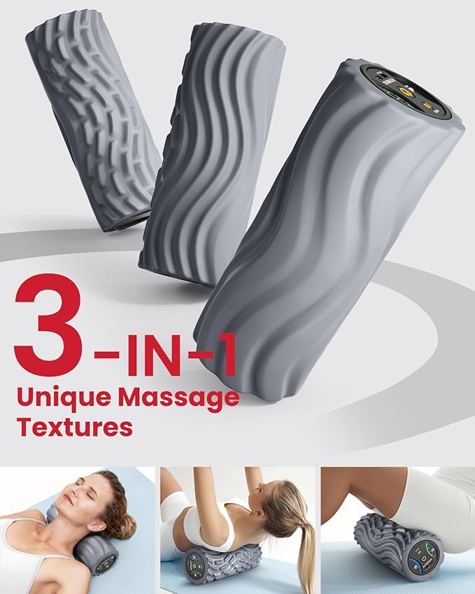 FITINDEX Vibrating Foam Roller for Back Pain, 5-Speed Muscle Massage, Exercise, Muscles Deep Tissue, Physical Therapy, Pilates, Yoga, Neck, Leg, Rechargeable, Travel Portable Gray